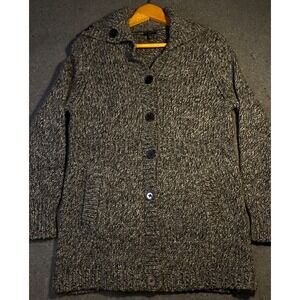 TALBOTS petite LARGE SWEATER black & gray LONG SLEEVE button down‎ WOOL/ACRYLIC